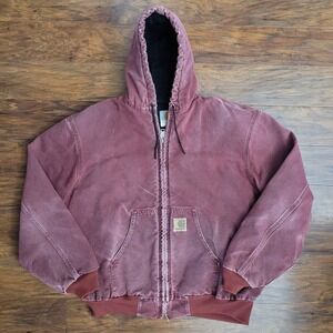 Vintage‎ Carhartt 90s Canvas Lined Full Zip Hooded Active Jacket Red Men's XL
